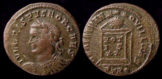 33 Crispus, Caesar, 317-326 A.D.  Æ 3 Follis, 322-23 A.D.    Mint of Trier  19mm, 2.51gm, axis: 1:00  Obv: IVL CRISPVS NOB CAES. Laureate cuirassed bust left holding spear and shield.  Rx: BEATA TRANQVILLITAS. Altar inscribed: VOT / IS / XX surmounted by globe, 3 stars above; in ex: .PTR..     RIC VII 372, Cf. SR 3915, VM 7.
