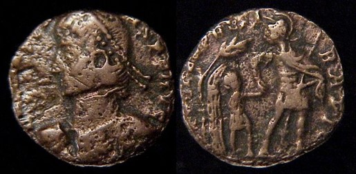 Contemporary Copy of:  Constans, 337-350 AD.   “Æ 2” /  Billon Majorina  19mm, 3.14gm, axis: 180º / 6h  Mint of Heraclea, 348-50 AD.  Obv: D N CONSTANS P F AVG.  Diademed draped and cuirassed bust left holding globe.  Rx: FEL TEMP REPARATIO.   Soldier walking right holding spear downward between legs, leading youth from hut beneath tree; in ex, [SMHA(*?)]   Prototype: RIC VIII 71 or 78; LRBC 1884; Cf. SR 3976; VM 49.  